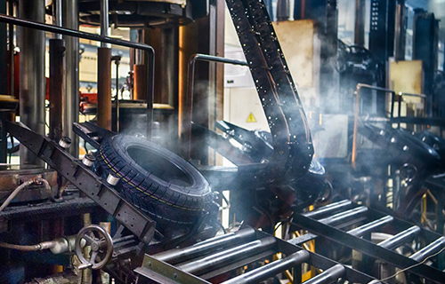 A tire on the assembly line